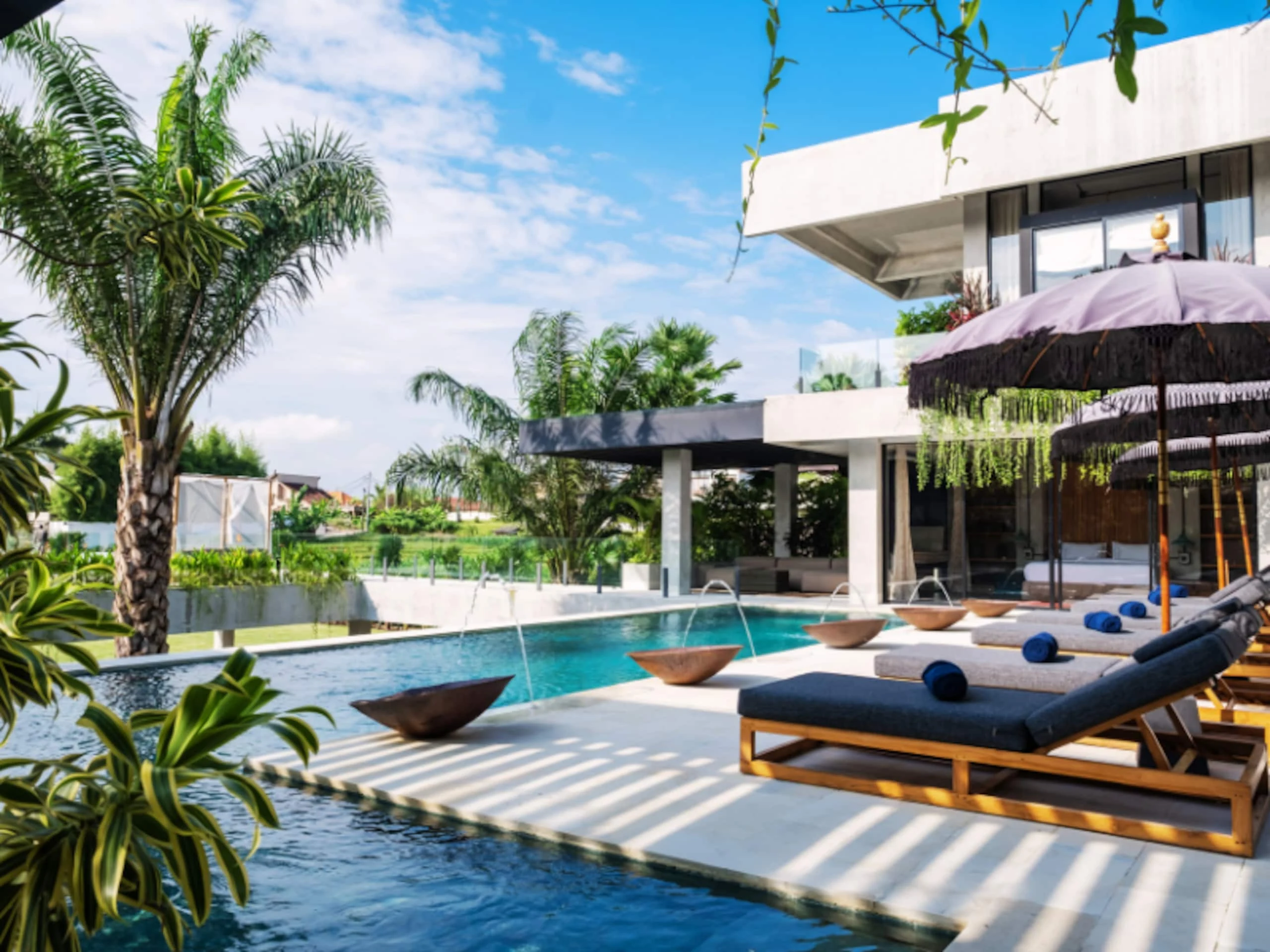 Sunlit swimming pool and daybeds in the tropical gardens