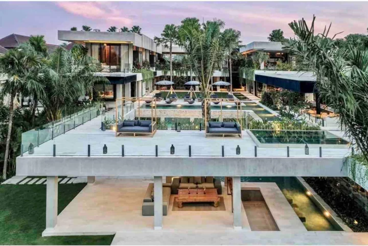 Elevated view of the villa terraces and landscaped grounds