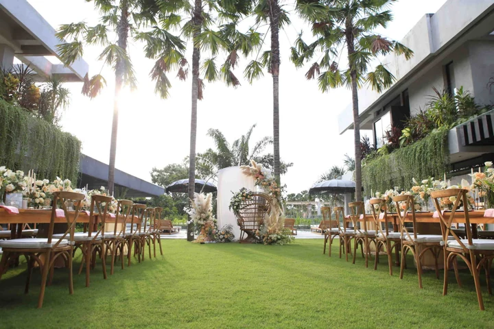 Garden tables dressed for an outdoor celebration